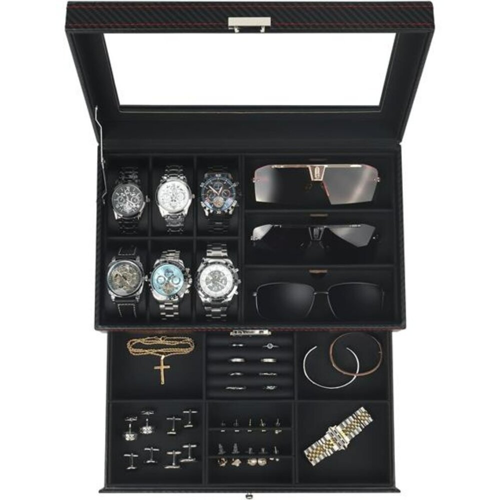 Mens Watch Jewelry Box Organizer with Glass Lid Sunglass Storage Gift Case